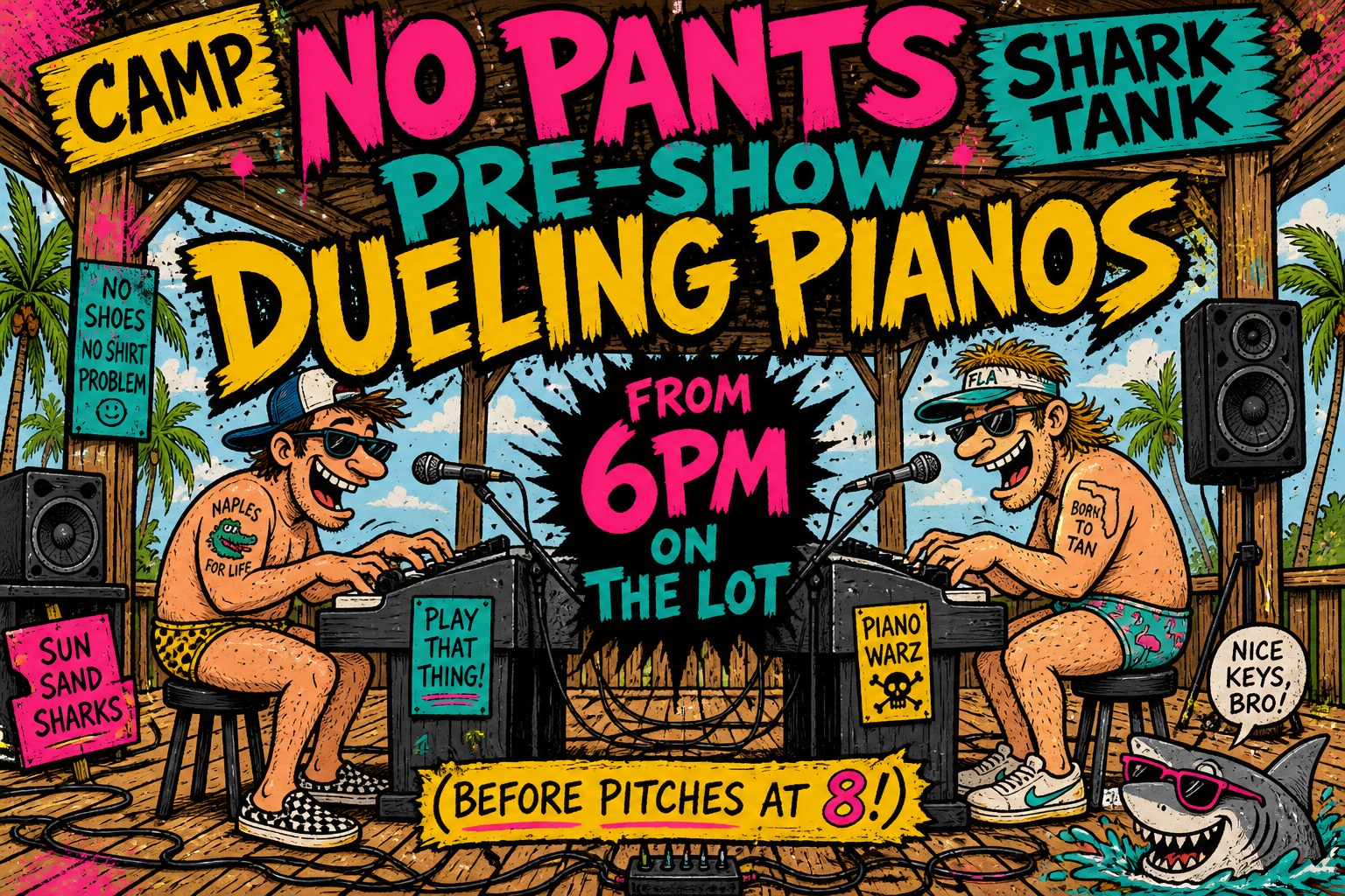 Shitty cartoon promo: two guys dueling on pianos, Camp No Pants Shark Tank pre-show from 6pm